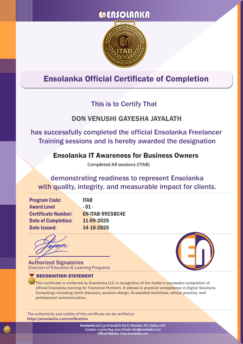 Sample Certificate — Ensolanka IT Awareness for Business Owners